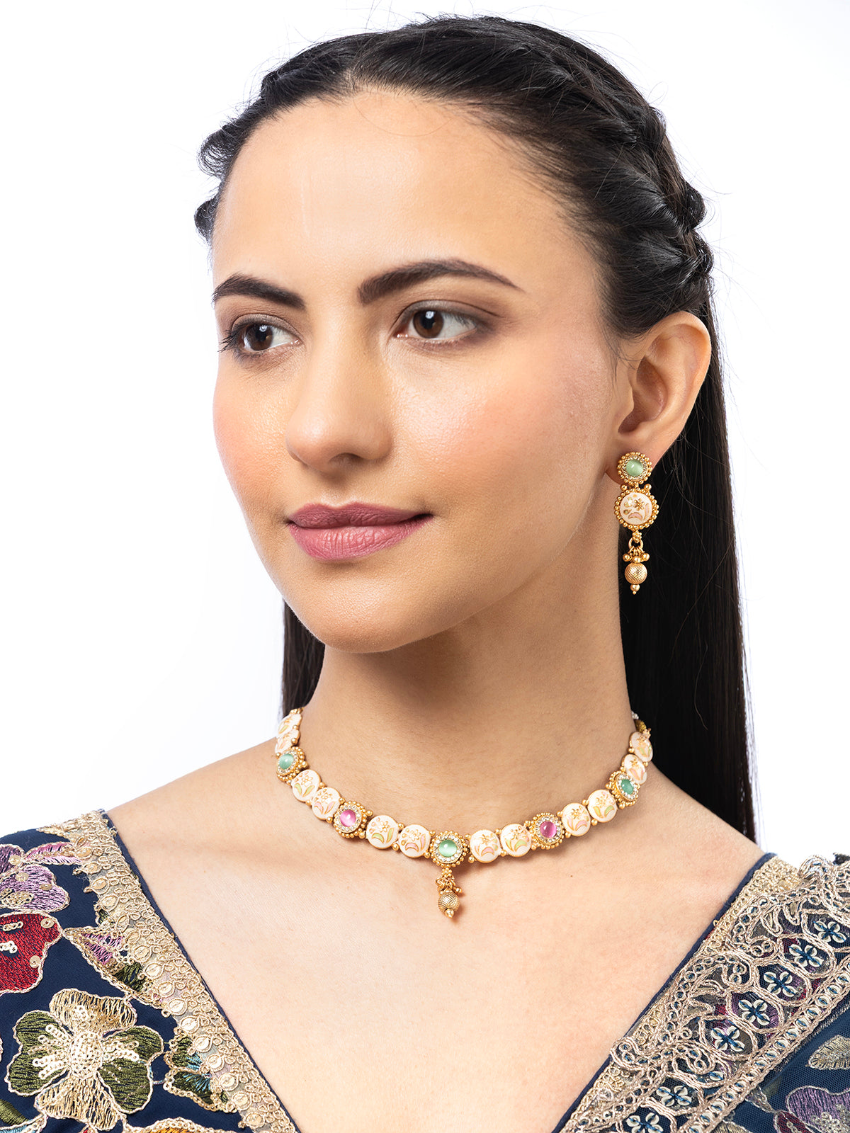 Sukkhi Stylish Gold Plated Meenakri with AD Stones Studded Choker Necklace & Dangle Earring Jewellery For Women|NS106980