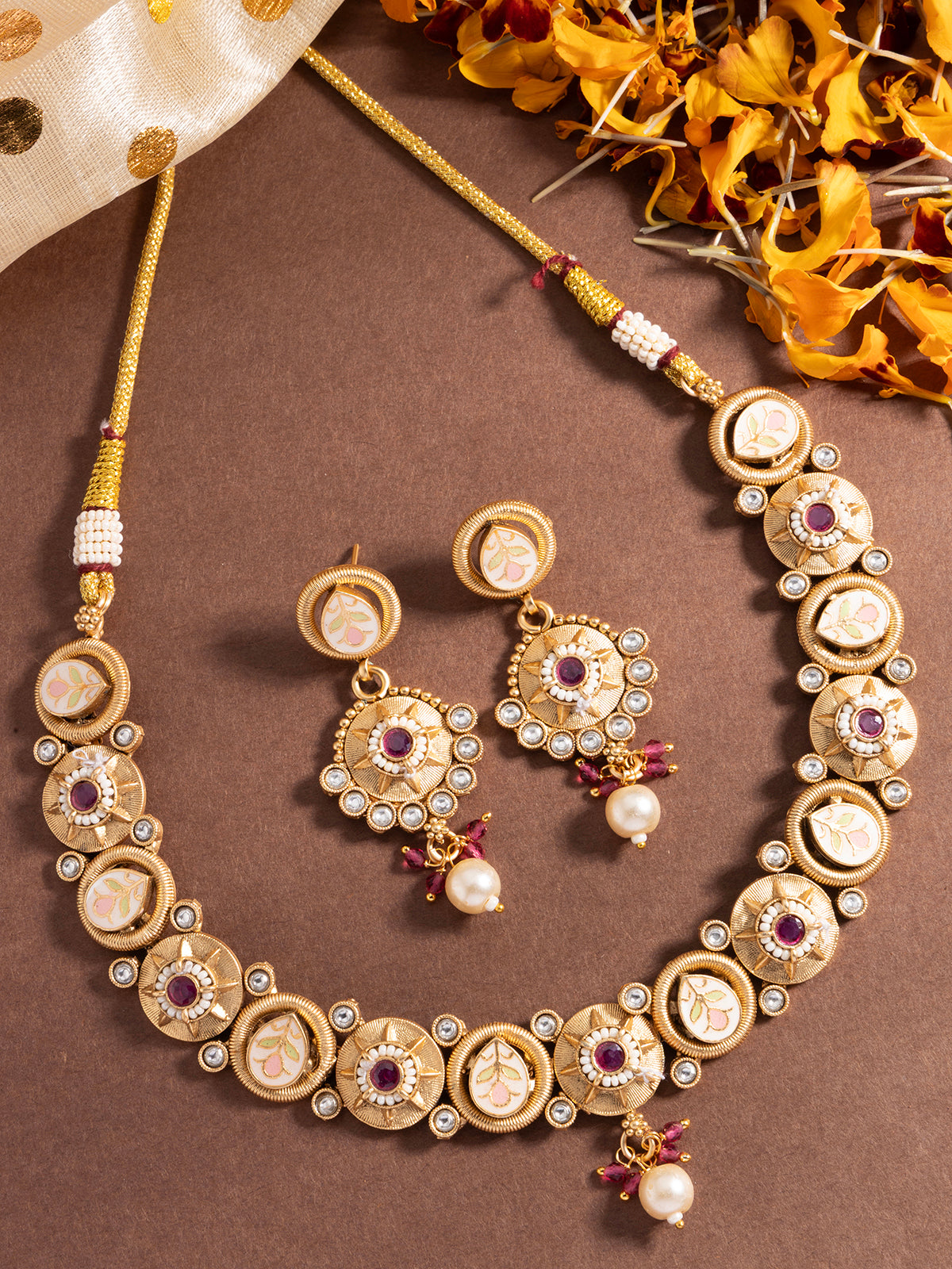 Sukkhi Festive Style Meenakari Work Gold Plated Red White Stones Choker Necklace Set with Dangle Earring Jewellery For Women|NS106981