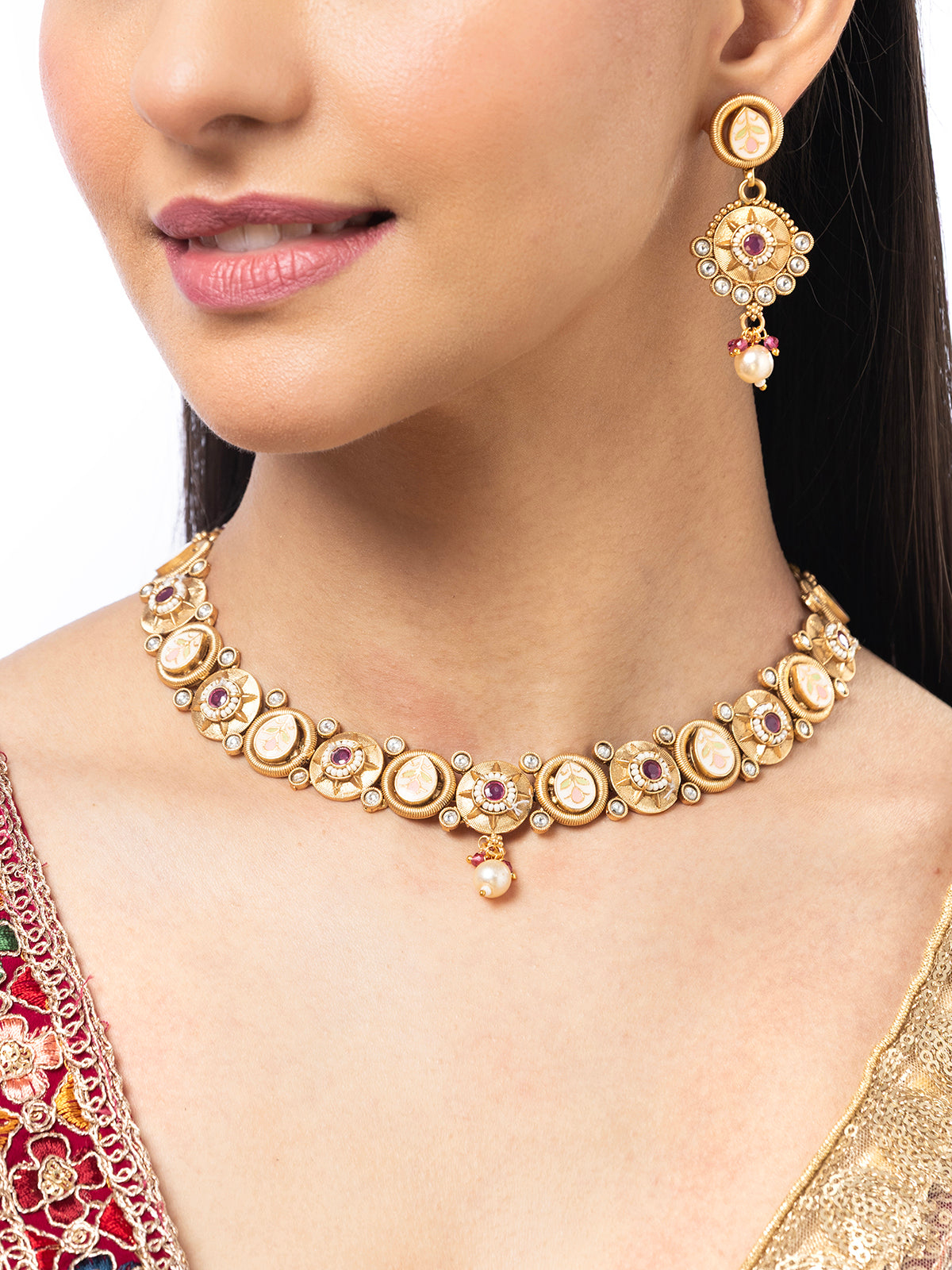 Sukkhi Festive Style Meenakari Work Gold Plated Red White Stones Choker Necklace Set with Dangle Earring Jewellery For Women|NS106981