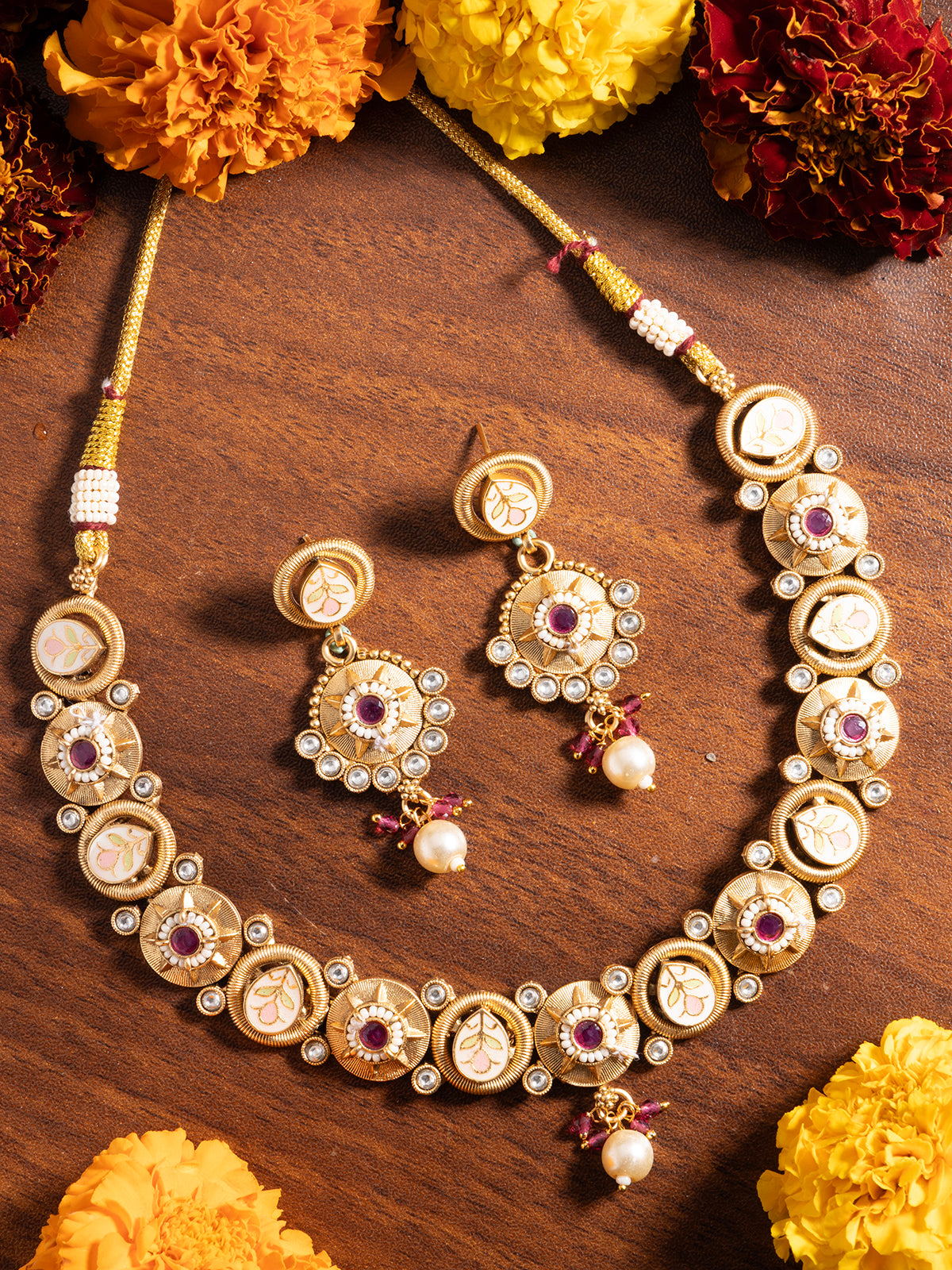 Sukkhi Festive Style Meenakari Work Gold Plated Red White Stones Choker Necklace Set with Dangle Earring Jewellery For Women|NS106981