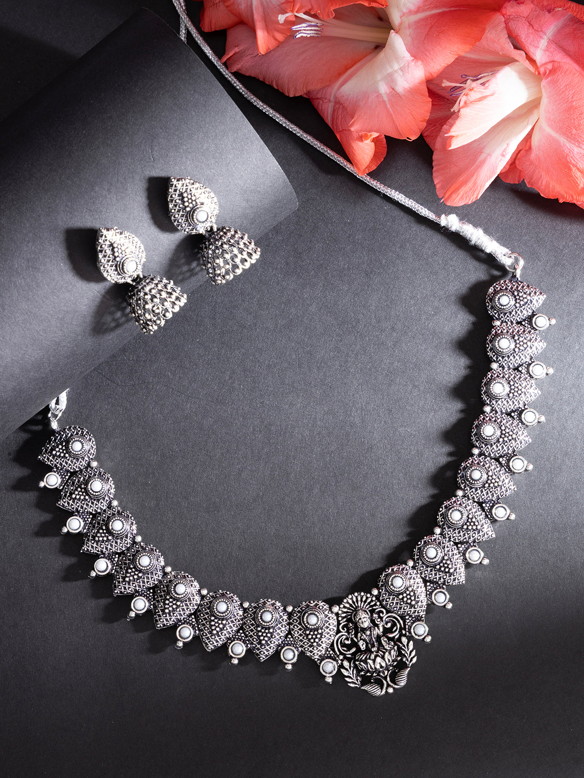 Sukkhi Classical Laxmi Design Silver Oxidised Plated with White Pearl Studded Choker Necklace Set & Jhumka/Jhumki Earring Jewellery Set for Women & Girls|NS107081