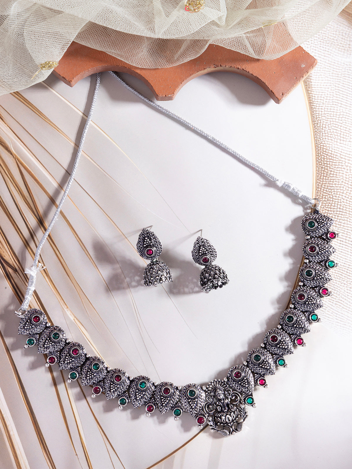 Sukkhi Classical Laxmi Design Silver Oxidised Plated Choker Necklace Set & Jhumka/Jhumki Earring Jewellery Set for Women & Girls|NS107082