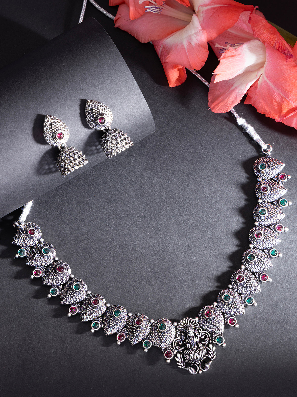 Sukkhi Classical Laxmi Design Silver Oxidised Plated Choker Necklace Set & Jhumka/Jhumki Earring Jewellery Set for Women & Girls|NS107082