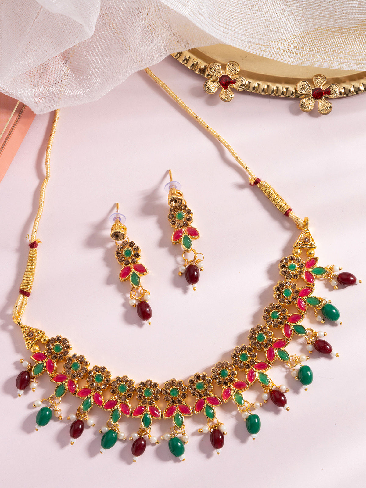 Sukkhi Traditional Floral Style AD Stone Studded Gold Plated Choker Necklace set With Dangle Earring Jewellery For Women & Girls|NS107084