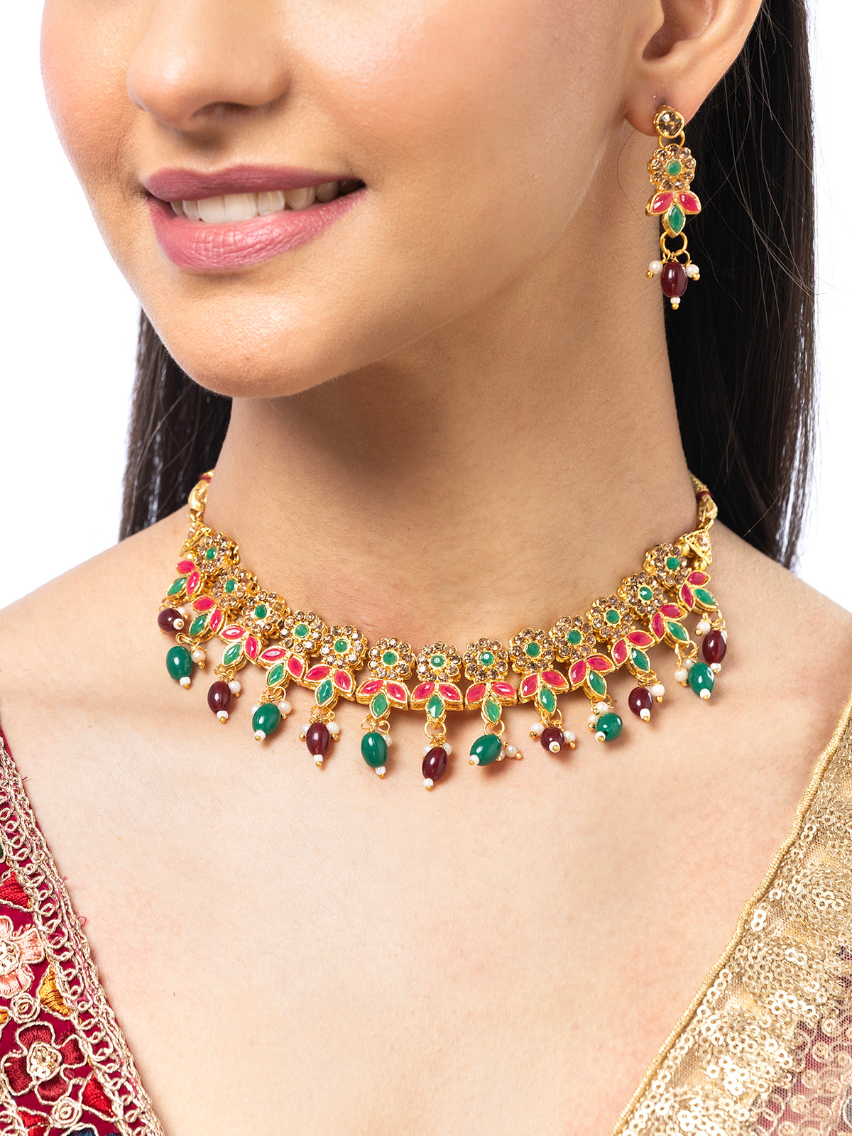 Sukkhi Traditional Floral Style AD Stone Studded Gold Plated Choker Necklace set With Dangle Earring Jewellery For Women & Girls|NS107084