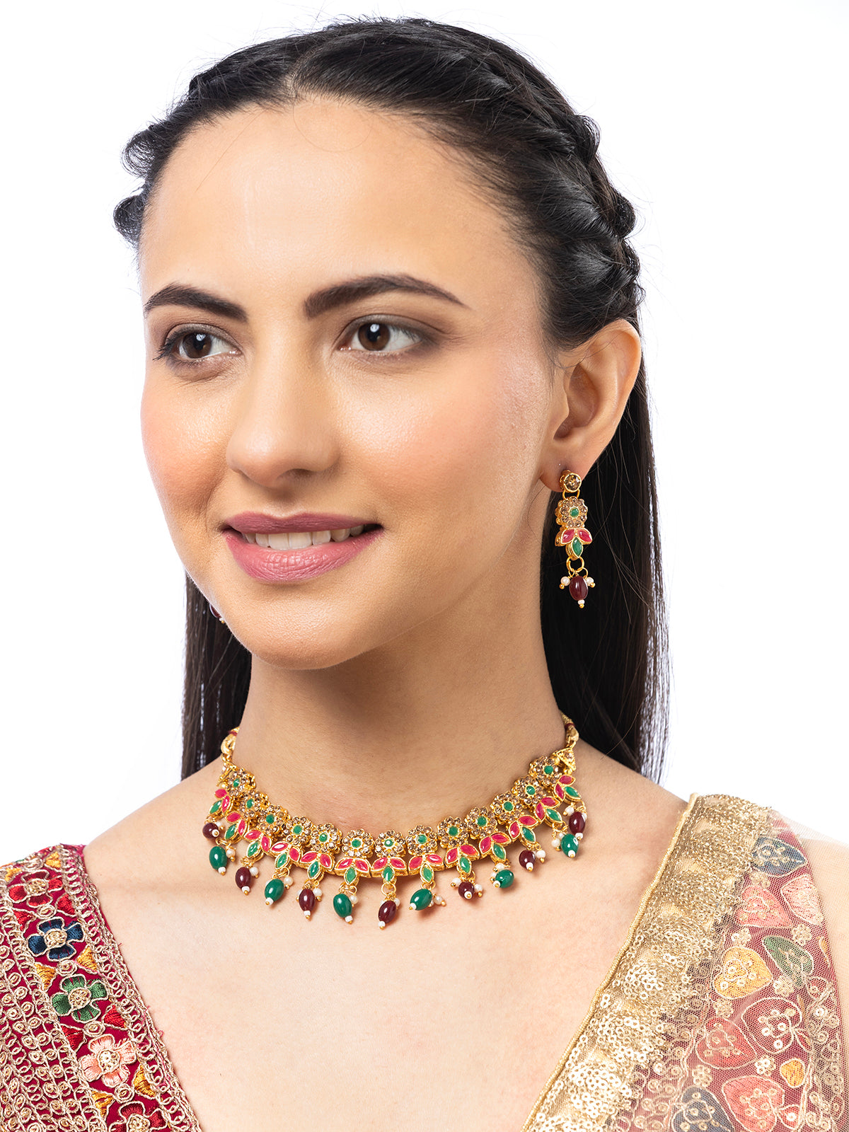 Sukkhi Traditional Floral Style AD Stone Studded Gold Plated Choker Necklace set With Dangle Earring Jewellery For Women & Girls|NS107084