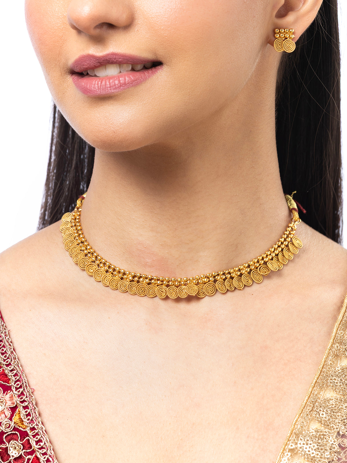 Sukkhi Classic Gold Plated Jalebi Style Choker Necklace Set With Studs Earring Jewellery for Women & Girls|NS107085