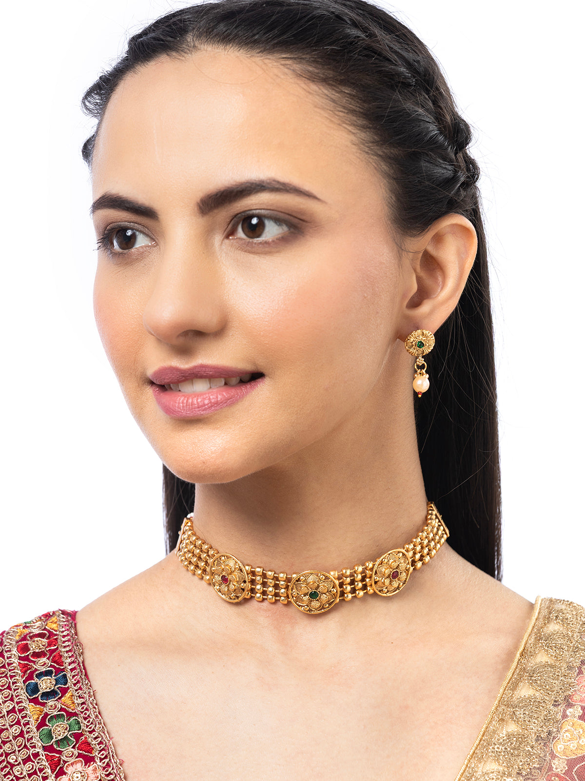 Sukkhi Lavish Gold Plated Floral AD Stone Studded Choker Necklace Set with Drop Earring Jewellery for Women & Girls|NS107086