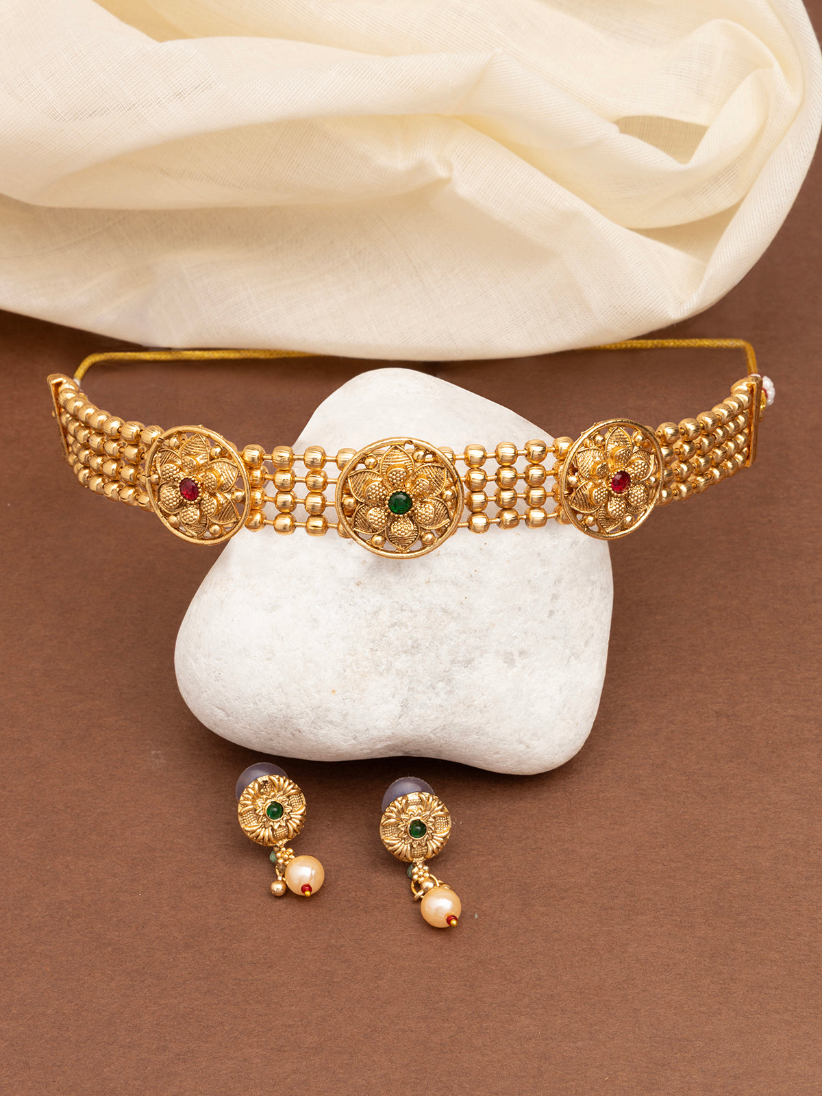 Sukkhi Lavish Gold Plated Floral AD Stone Studded Choker Necklace Set with Drop Earring Jewellery for Women & Girls|NS107086