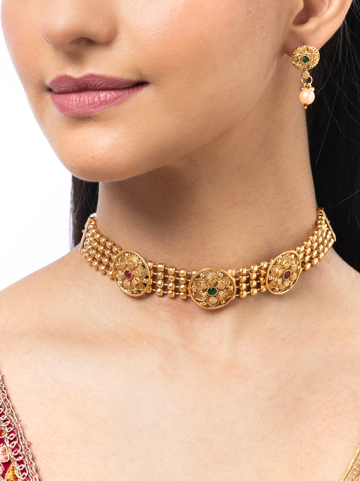 Sukkhi Lavish Gold Plated Floral AD Stone Studded Choker Necklace Set with Drop Earring Jewellery for Women & Girls|NS107086