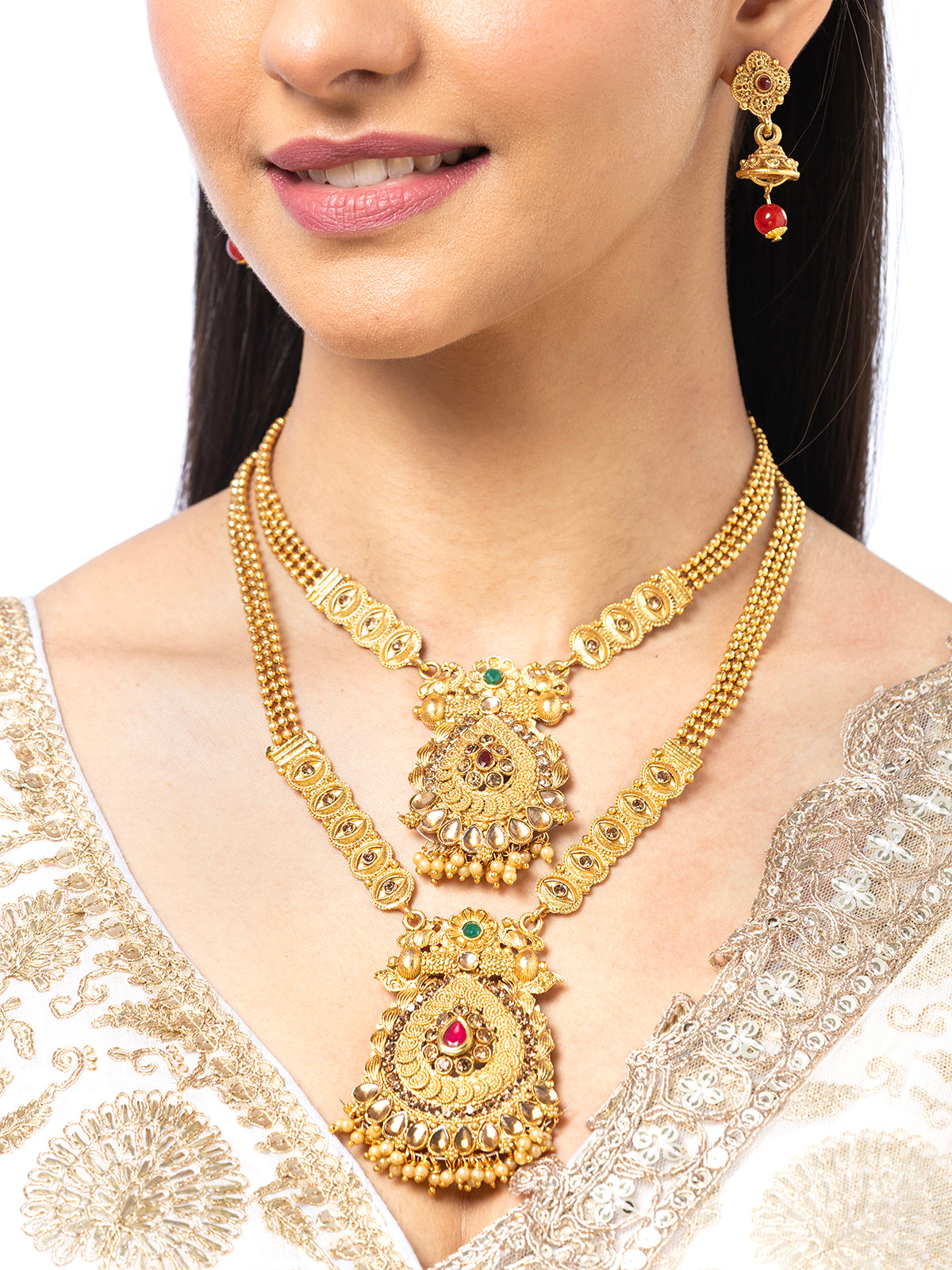 Sukkhi Rajwadi Style Gold Plated With Matte Finish Long Layer Necklace & Jhumka/Jhumki Earring Jewellery For Women|NS107089