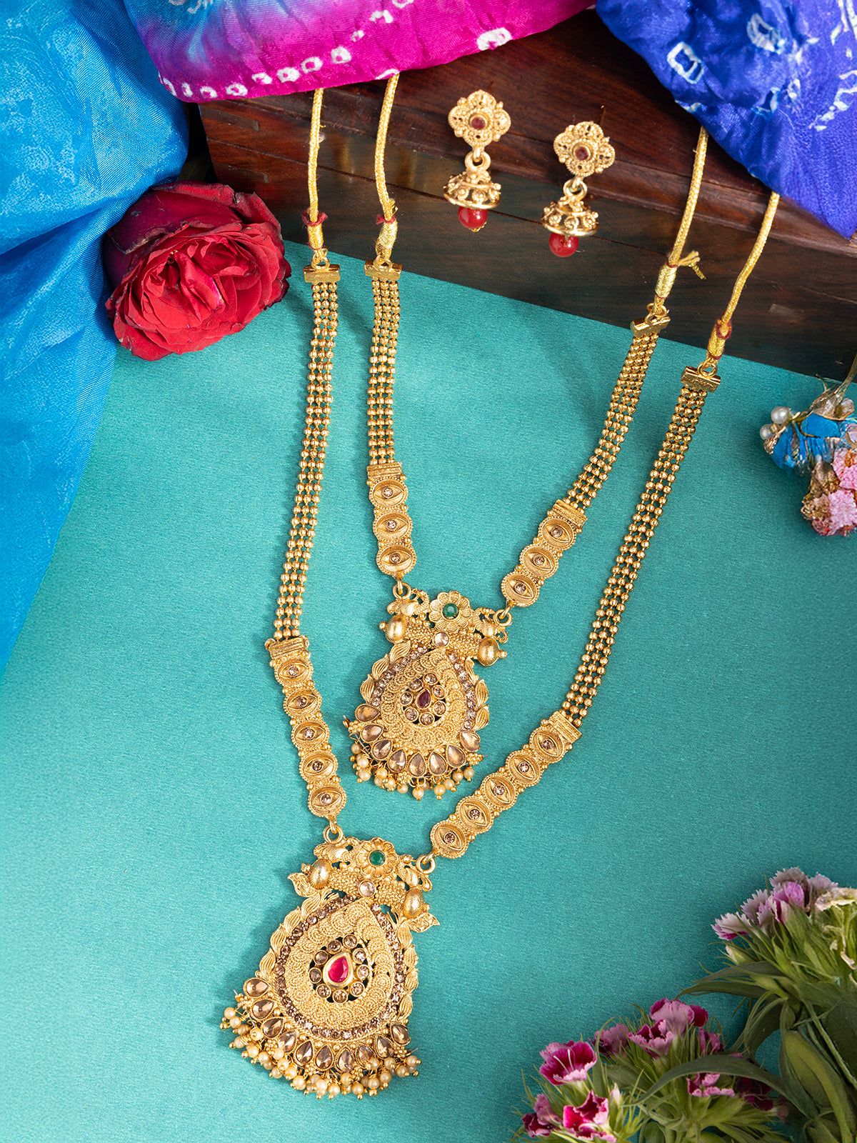 Sukkhi Rajwadi Style Gold Plated With Matte Finish Long Layer Necklace & Jhumka/Jhumki Earring Jewellery For Women|NS107089