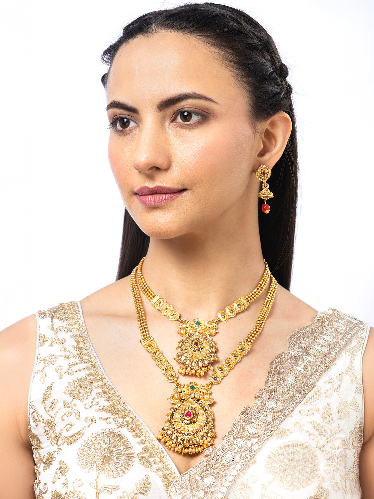 Sukkhi Rajwadi Style Gold Plated With Matte Finish Long Layer Necklace & Jhumka/Jhumki Earring Jewellery For Women|NS107089