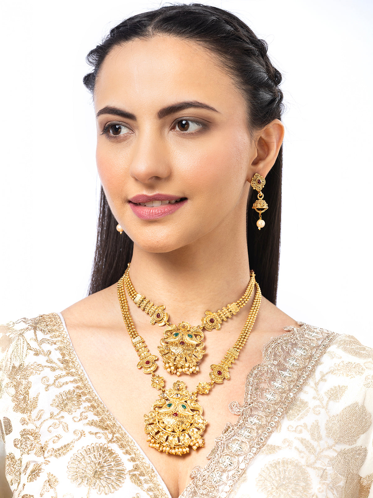 Sukkhi Trendy Fashion Gold Plated Gold with Matte Finish Long Layer Necklace Set & Jhumka/Jhumki Earring Jewellery for Women|NS107090