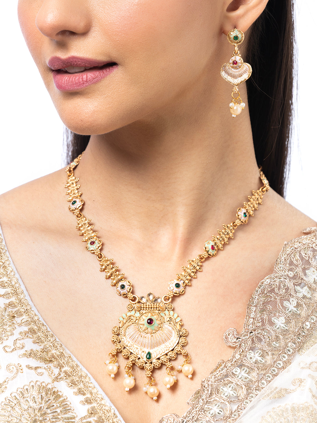 Sukkhi Decent Traditional Gold Plated With Matte Finish Long Necklace Set & Dangle Earring Jewellery For Women|NS107092