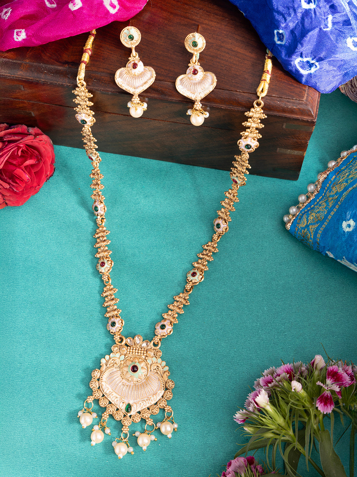 Sukkhi Decent Traditional Gold Plated With Matte Finish Long Necklace Set & Dangle Earring Jewellery For Women|NS107092