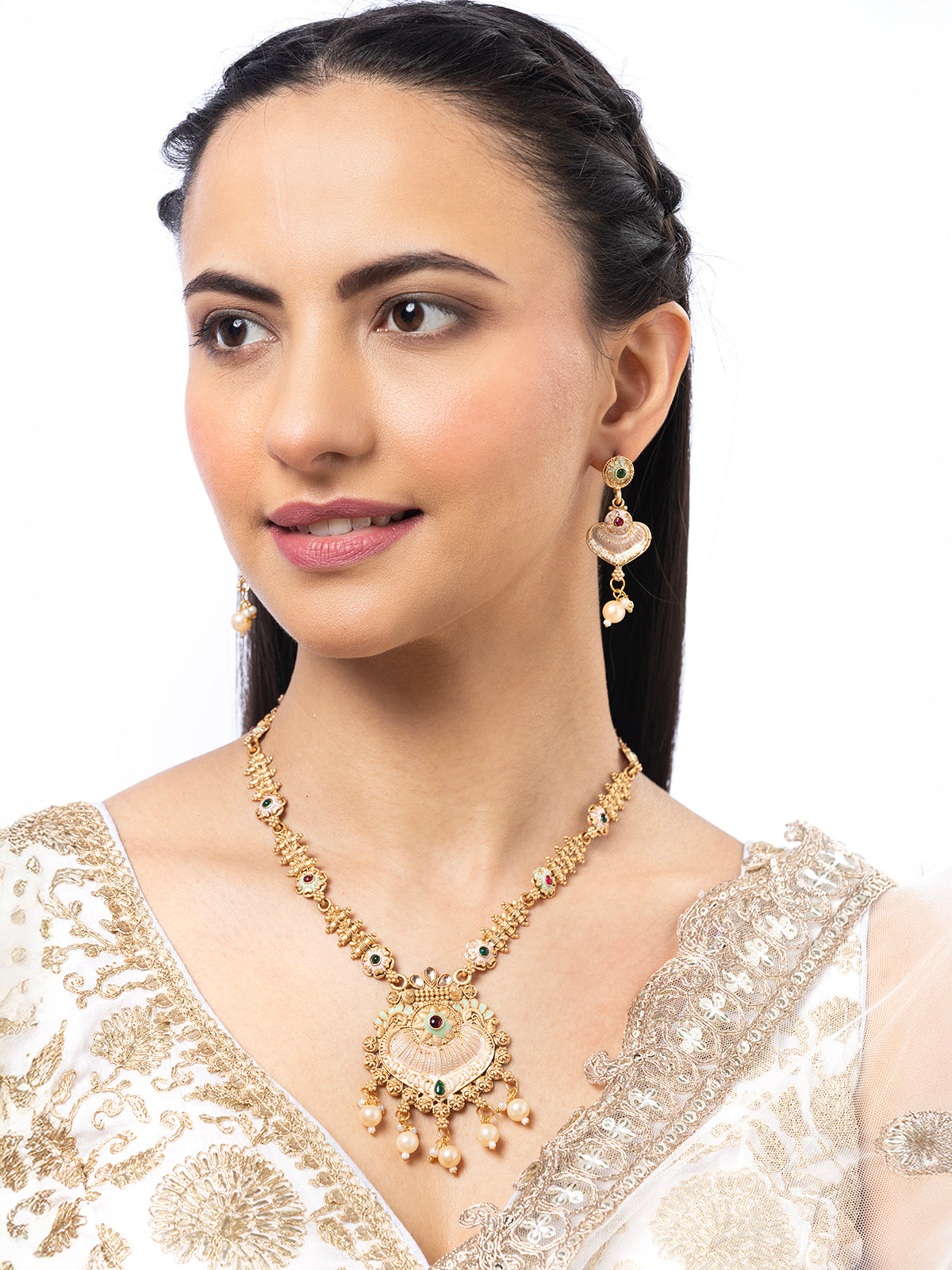 Sukkhi Decent Traditional Gold Plated With Matte Finish Long Necklace Set & Dangle Earring Jewellery For Women|NS107092