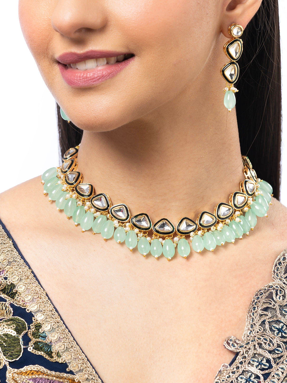 Sukkhi Iconic Gold Plated Kundan Studded Meenakari Work Choker Necklace Set with Drop Earring Jewellery for Women|NS107095
