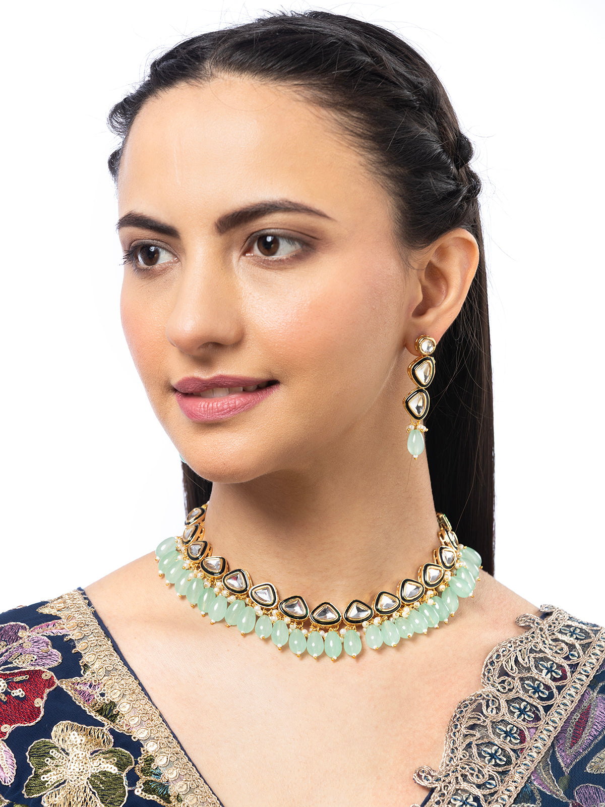 Sukkhi Iconic Gold Plated Kundan Studded Meenakari Work Choker Necklace Set with Drop Earring Jewellery for Women|NS107095