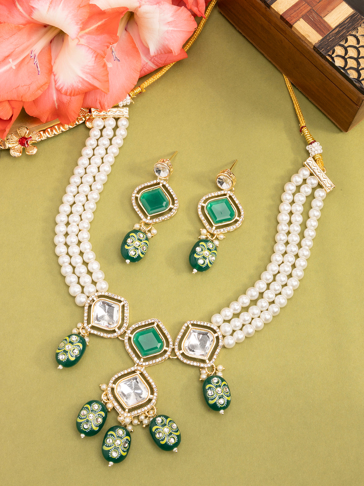 Sukkhi Creative Crystal Stone Studded Gold Plated Multi Strip Pearl Necklace Set with Drop Earring Jewellery for Women|NS107096