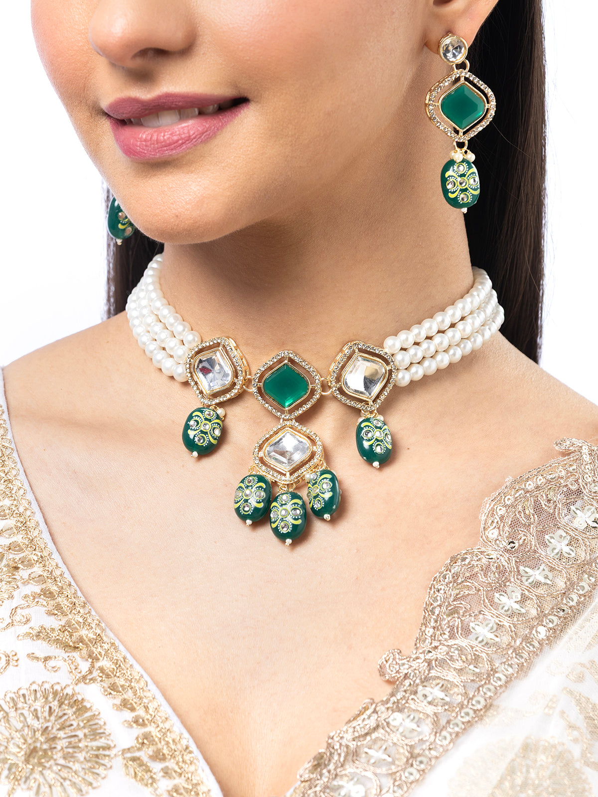 Sukkhi Creative Crystal Stone Studded Gold Plated Multi Strip Pearl Necklace Set with Drop Earring Jewellery for Women|NS107096