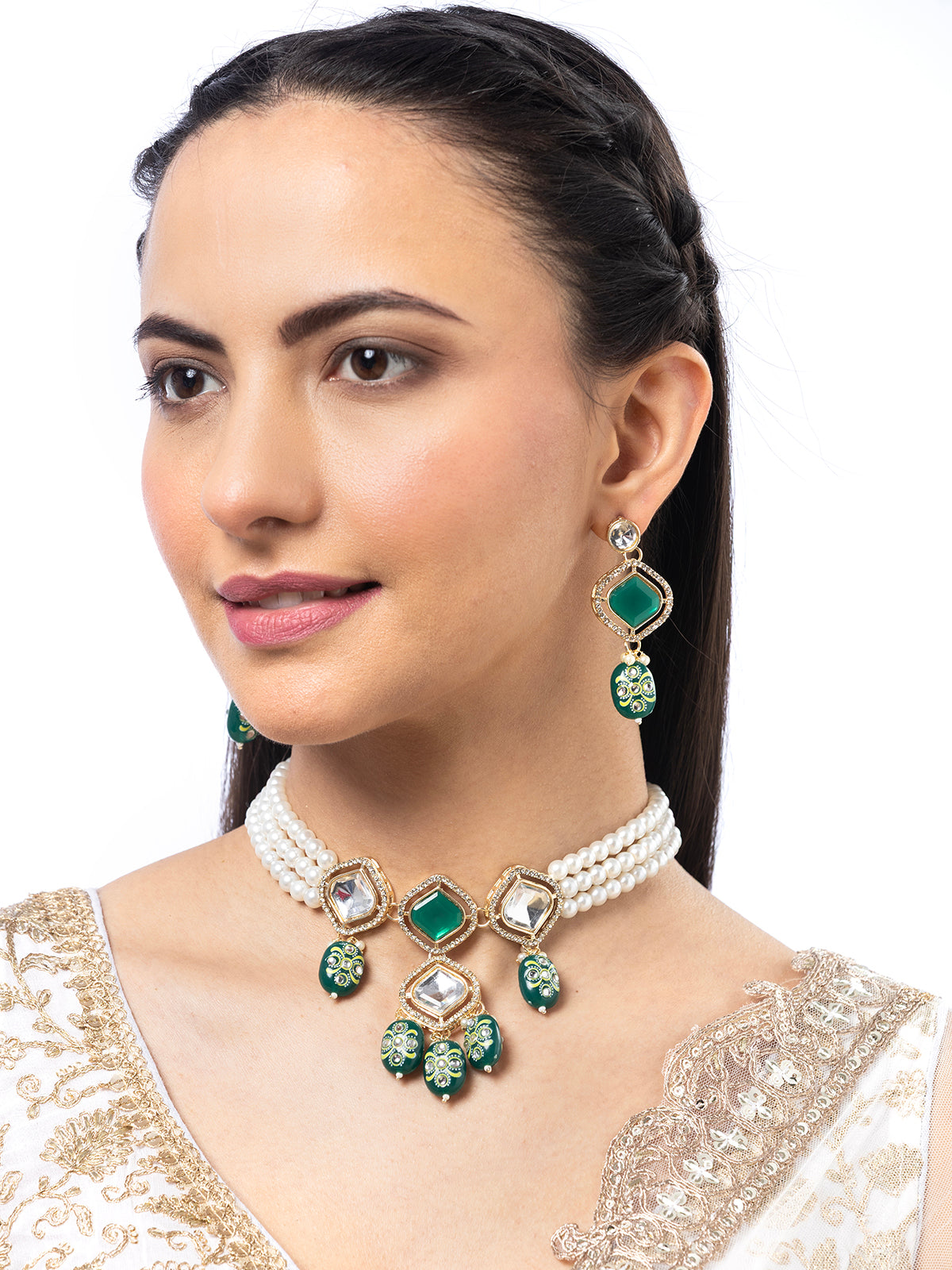 Sukkhi Creative Crystal Stone Studded Gold Plated Multi Strip Pearl Necklace Set with Drop Earring Jewellery for Women|NS107096