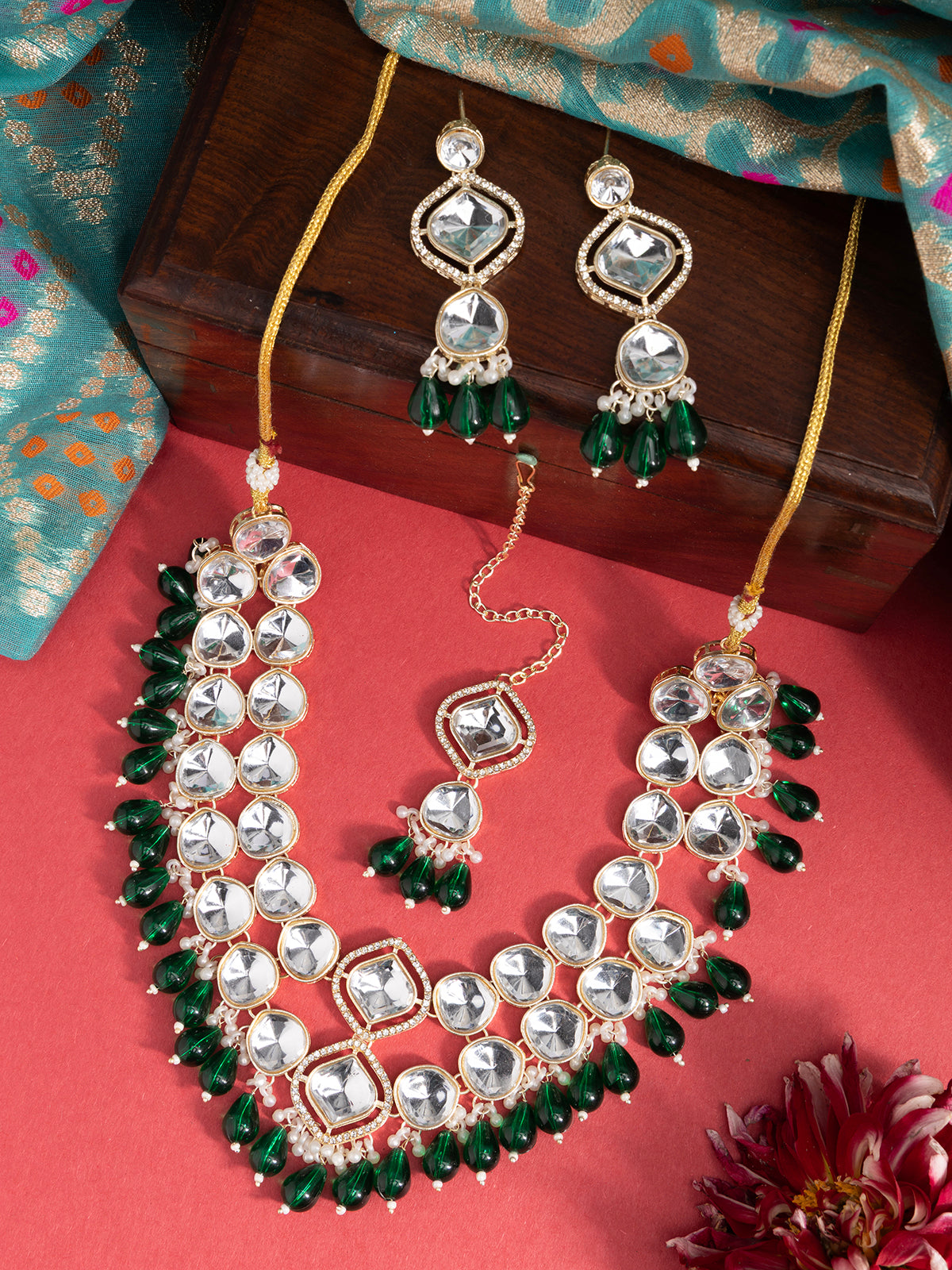 Sukkhi Graceful Gold Plated Crystal Stones Studded Green Choker Necklace Set & Dangle Earring Jewellery for Women|NS107097