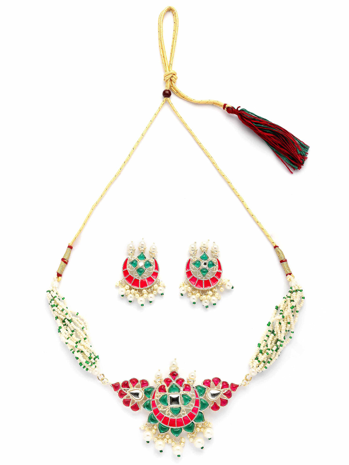 Sukkhi Unique Fashionable Pink & Green Meenakari Gold Plated Multistrand Pearls Choker Necklace with Drop Earring Jewellery Set for Women & Girls|NS107347