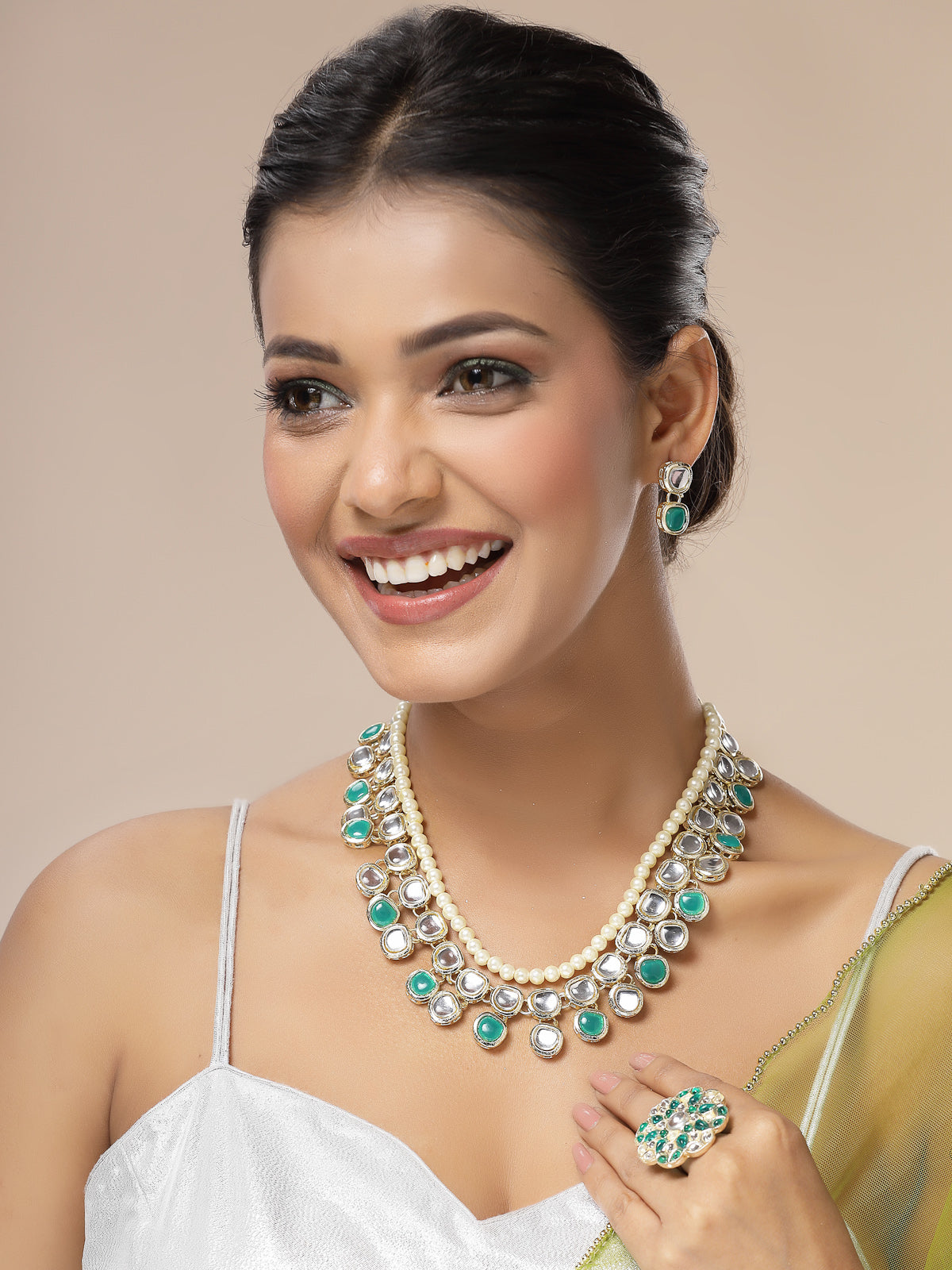 Sukkhi Versatile Fashion Design Gold Plated Kundan with Multilayers Green Necklace & Drop Earring & Ring Jewellery Set For Women & Girls|NS107348