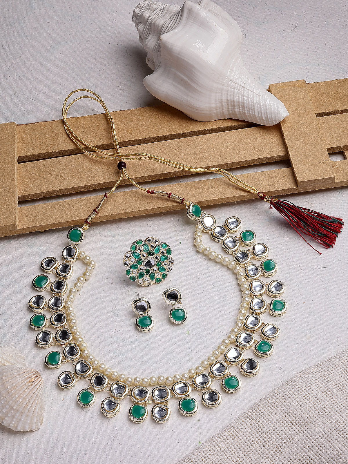 Sukkhi Versatile Fashion Design Gold Plated Kundan with Multilayers Green Necklace & Drop Earring & Ring Jewellery Set For Women & Girls|NS107348