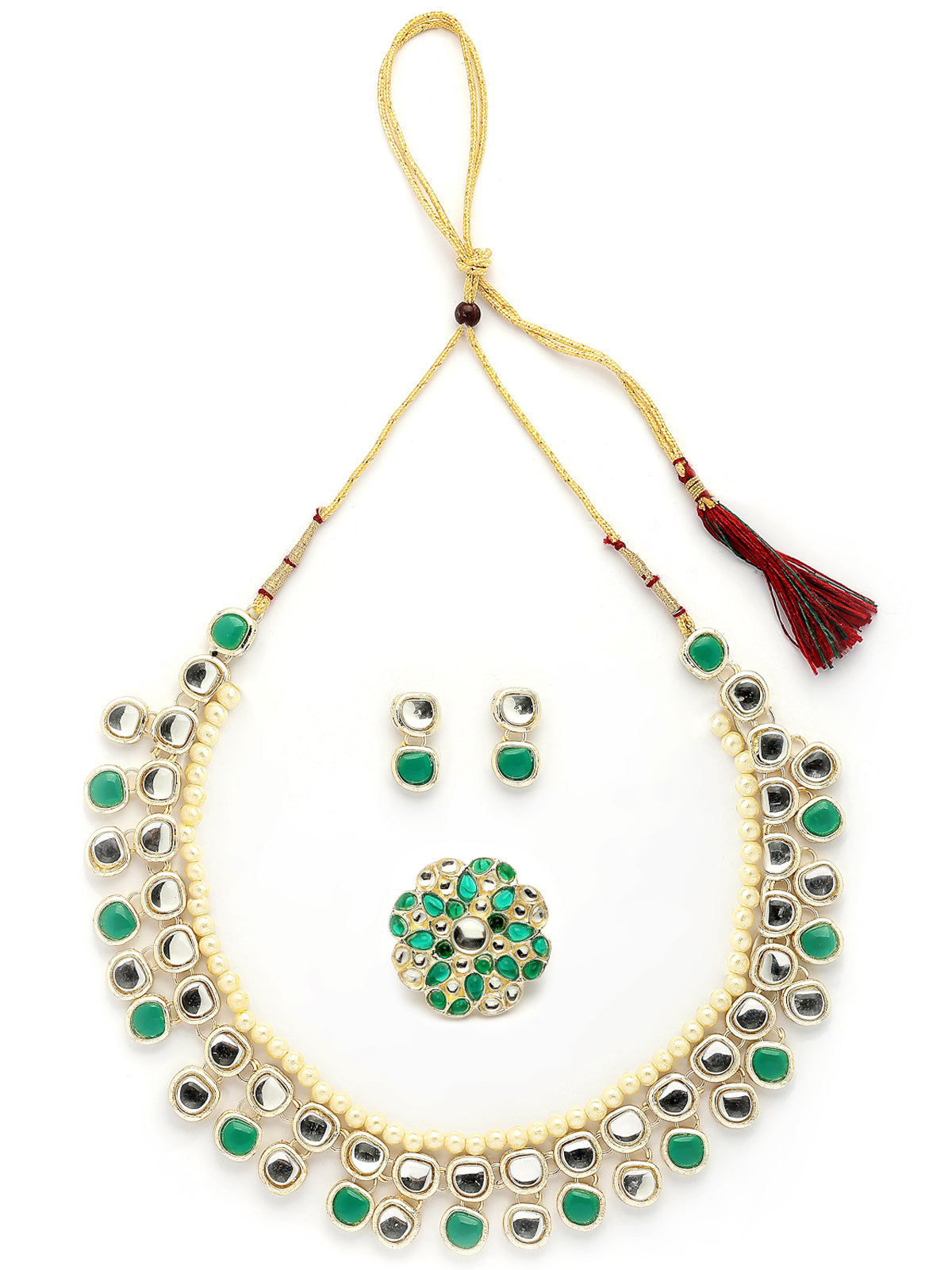 Sukkhi Versatile Fashion Design Gold Plated Kundan with Multilayers Green Necklace & Drop Earring & Ring Jewellery Set For Women & Girls|NS107348