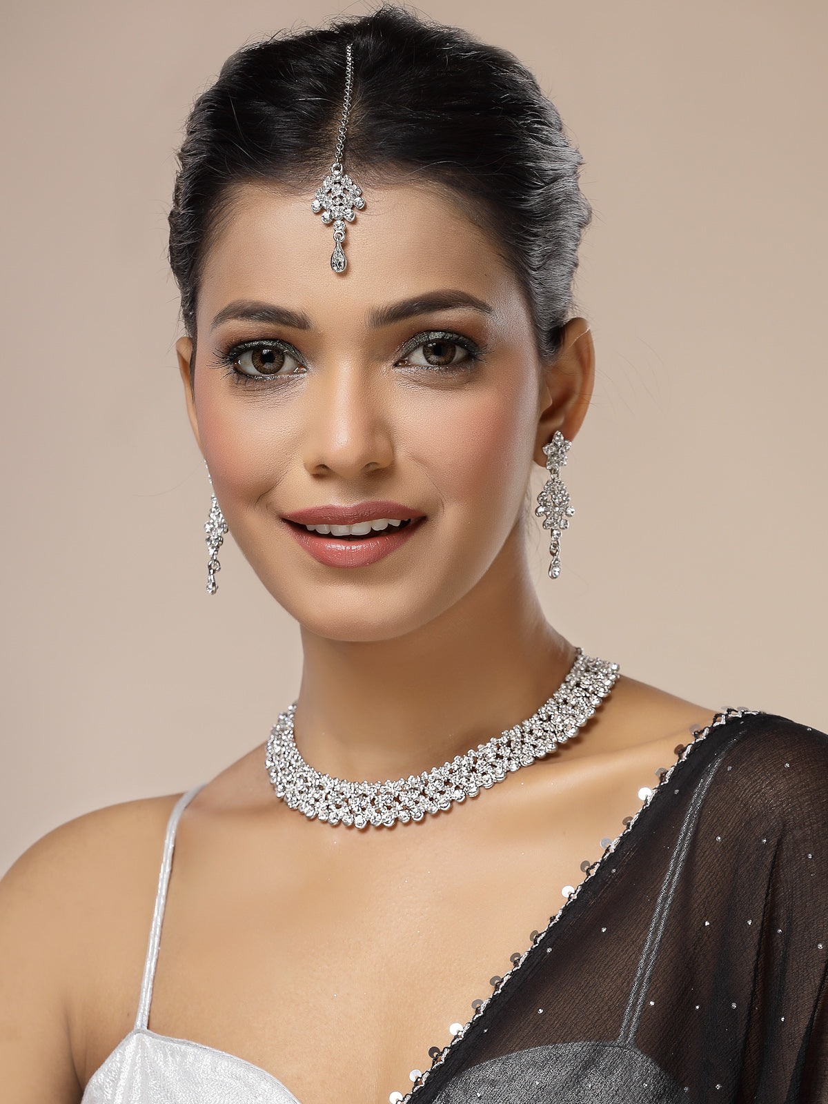 Sukkhi Splendid Fashionable Rhodium Silver Plated with AD Stone Studded Choker Necklace with Dangle Earring Maantikka Jewellery Set for Women & Girls|NS107350