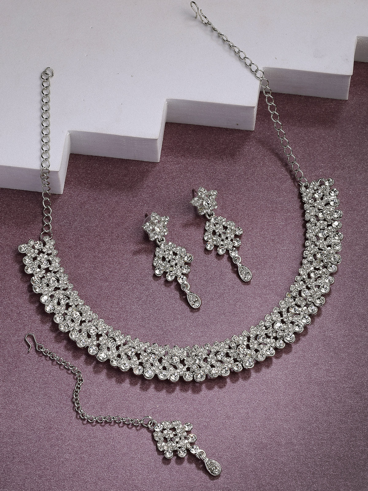 Sukkhi Splendid Fashionable Rhodium Silver Plated with AD Stone Studded Choker Necklace with Dangle Earring Maantikka Jewellery Set for Women & Girls|NS107350