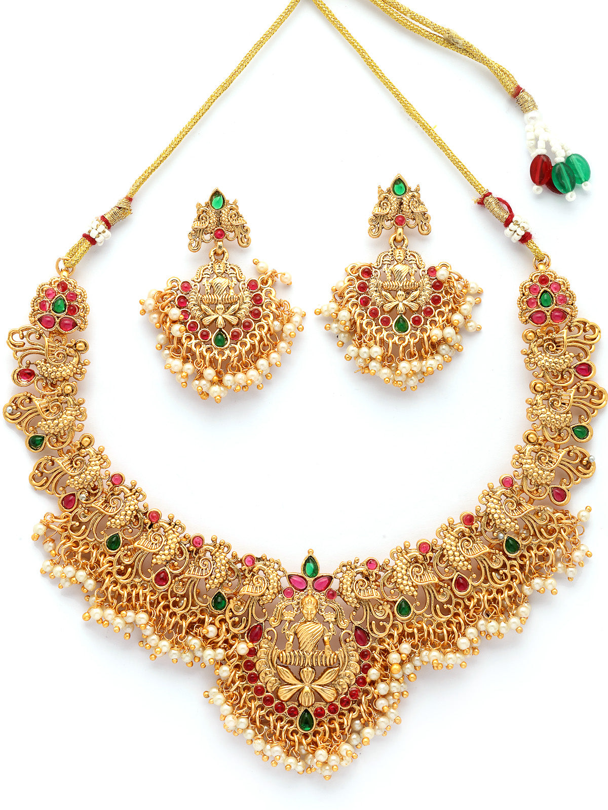 Sukkhi South Indian Traditional Stylish Peacock Shaped Gold Plated with Beaded Studded Red Green Choker Necklace with Dangle Earring Jewellery Set for Women & Girls|NS107351