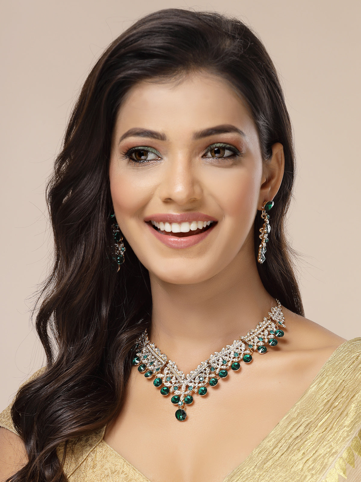 Sukkhi Inspiring Fashionable AD Stone Diamond Studded Gold Plated Green Choker Necklace with Dangle Earring Jewellery Set For Women & Girls|NS107352