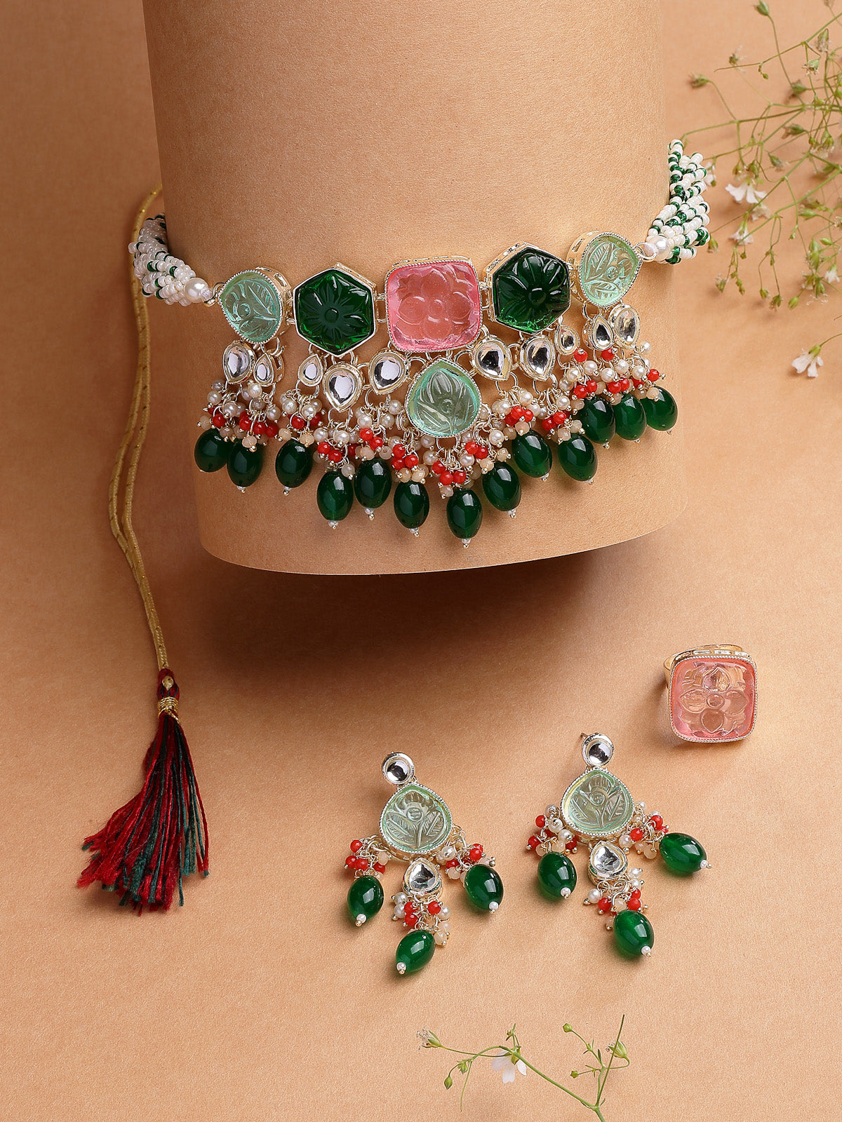 Sukkhi Glamorous Fashion Style Gold Plated Multicolor Stones & Beads Multistrand Beads Kundan Choker Necklace with Drop Earring & Ring Jewellery Set For Women & Girls|NS107357