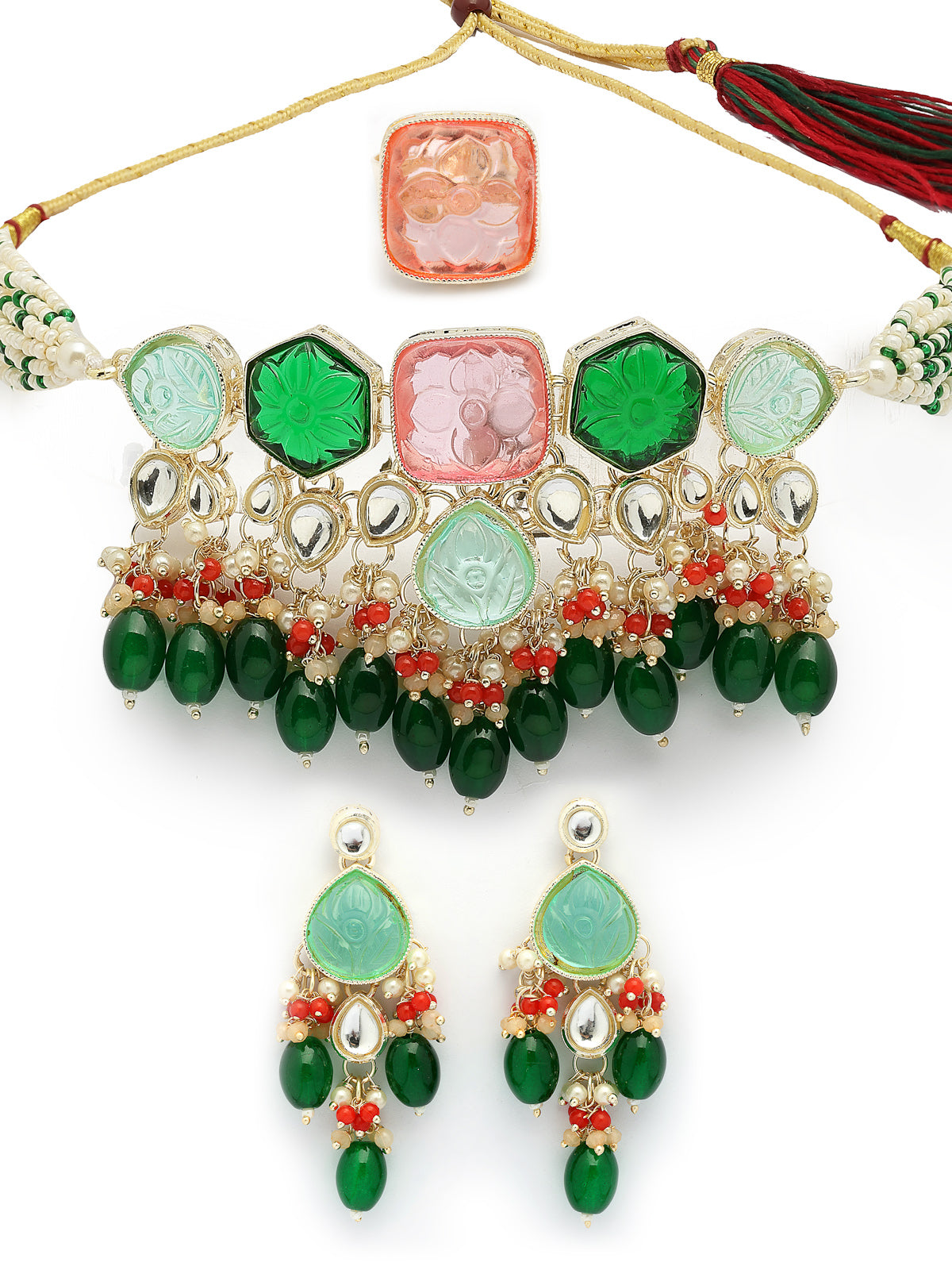 Sukkhi Glamorous Fashion Style Gold Plated Multicolor Stones & Beads Multistrand Beads Kundan Choker Necklace with Drop Earring & Ring Jewellery Set For Women & Girls|NS107357