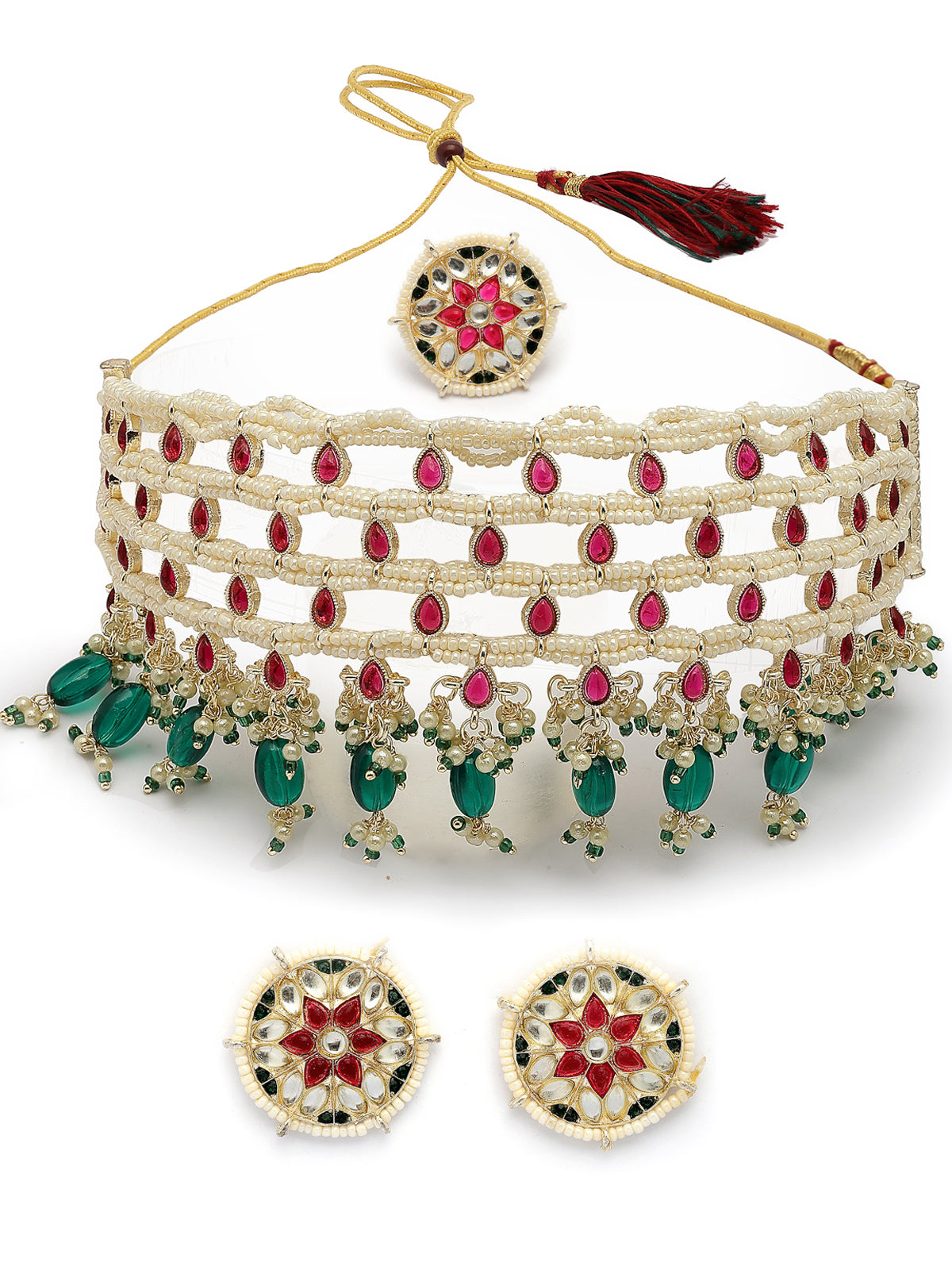 Sukkhi Stylish Traditional Pink Kundan & Green Beads with Gold Plated Choker Necklace & Floral Studs Earring & Ring Jewellery Set for Women & Girls|NS107358