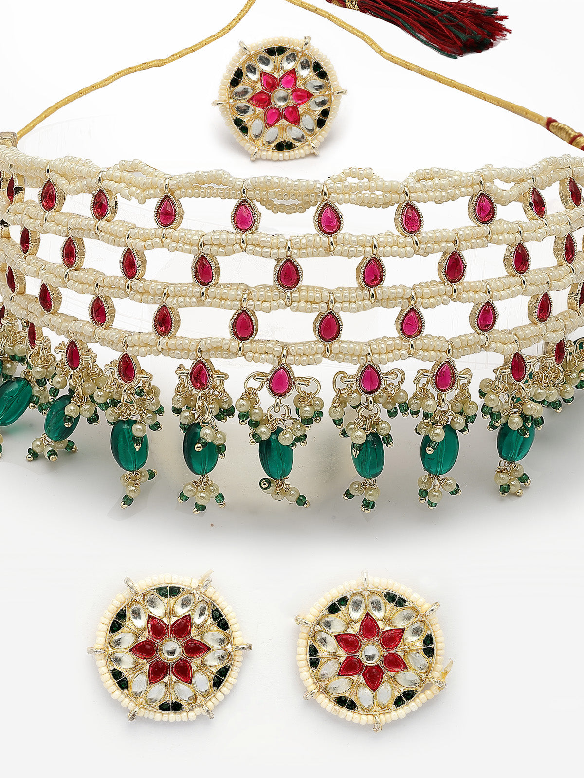 Sukkhi Stylish Traditional Pink Kundan & Green Beads with Gold Plated Choker Necklace & Floral Studs Earring & Ring Jewellery Set for Women & Girls|NS107358