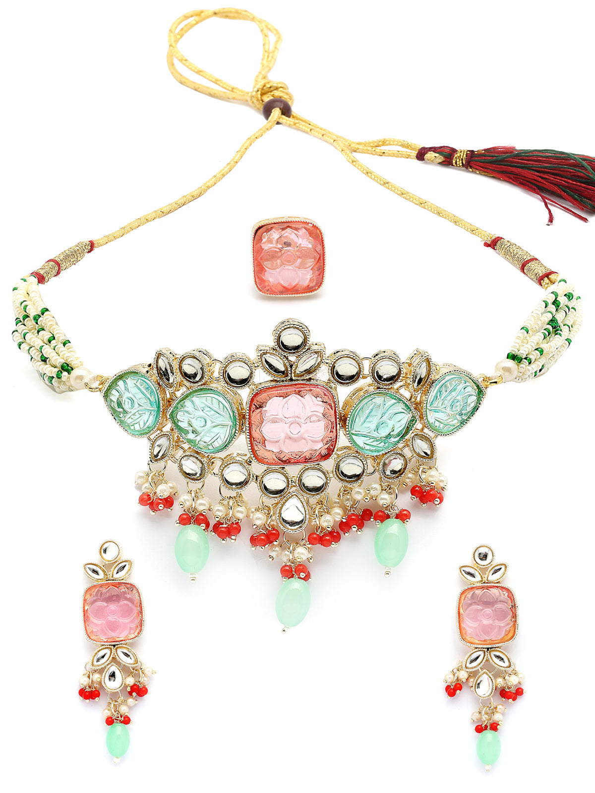 Sukkhi Glamorous Fashion Style Gold Plated Multicolor Stones & Beads Multistrand Beads Kundan Choker Necklace with Drop Earring & Ring Jewellery Set For Women & Girls|NS107359