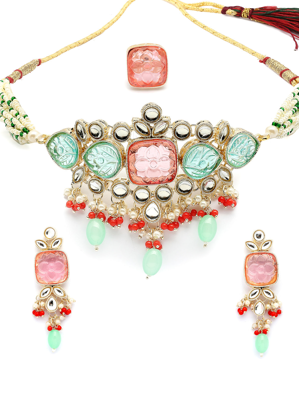 Sukkhi Glamorous Fashion Style Gold Plated Multicolor Stones & Beads Multistrand Beads Kundan Choker Necklace with Drop Earring & Ring Jewellery Set For Women & Girls|NS107359