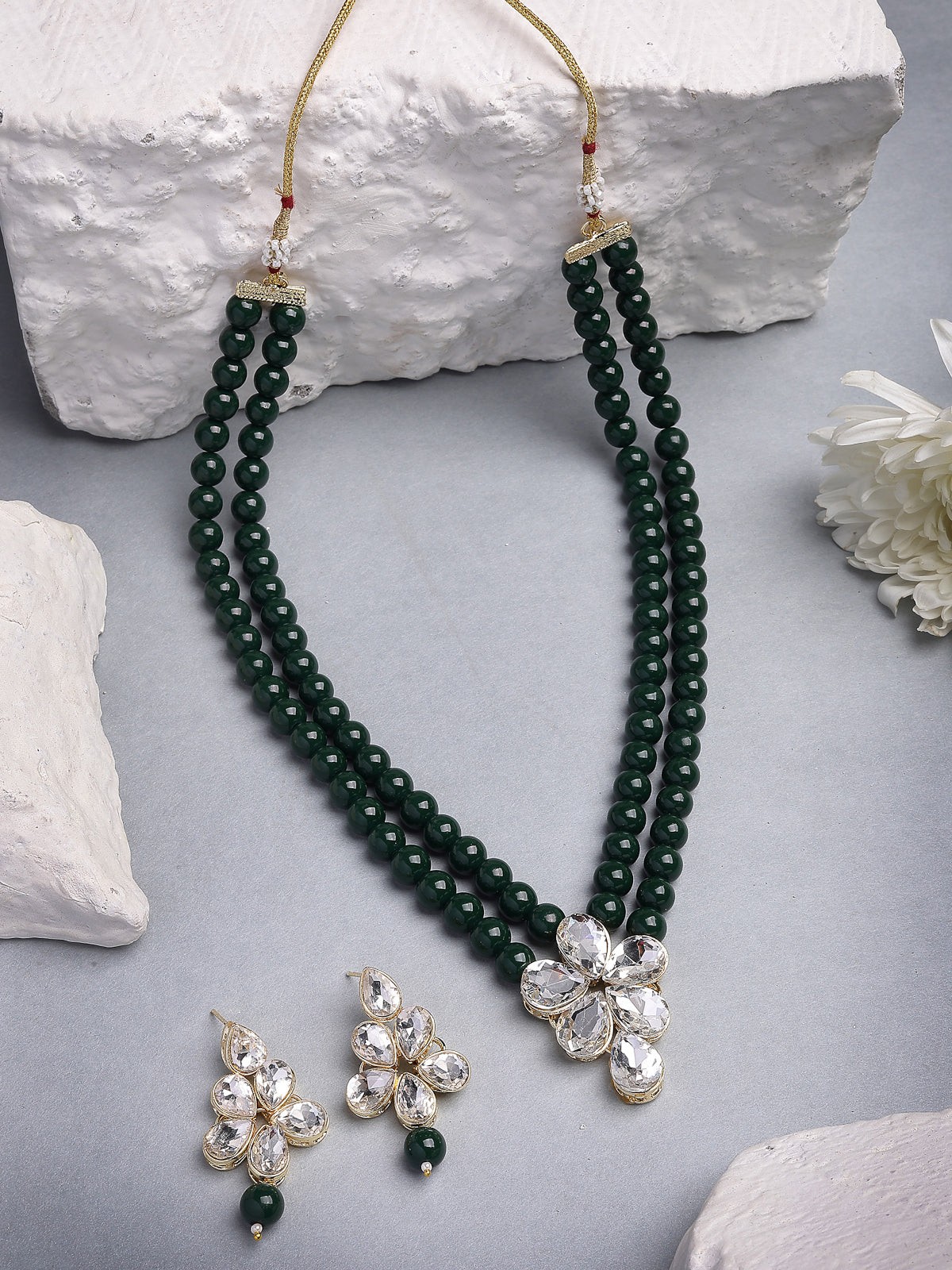 Sukkhi Festive Fashion Gold Plated Faux Beads & Kundan Studded Green Necklace with Drop Earring Jewellery Set for Women & Girls|NS107364