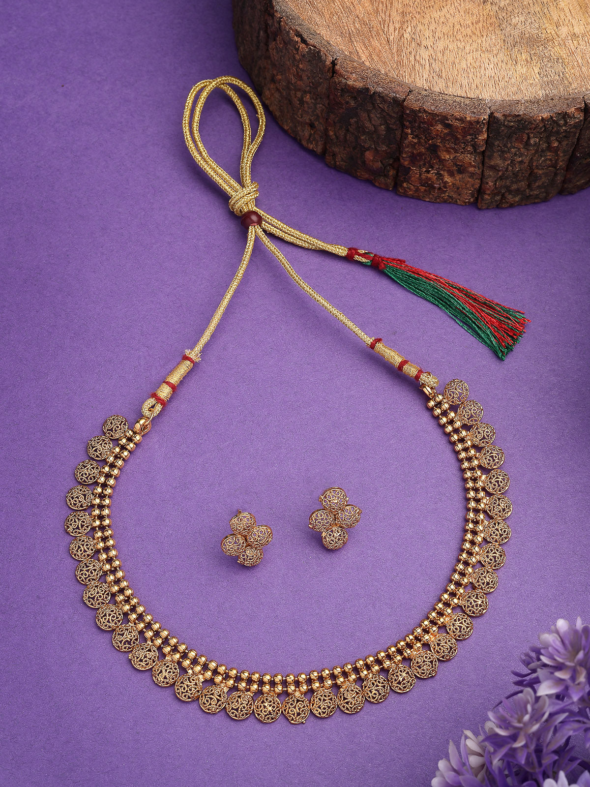 Sukkhi Ethnic Style One Gram Gold Plated with Filigree Design Choker Necklace & Studs Earrings Jewelley Set for Women & Girls |NS107366