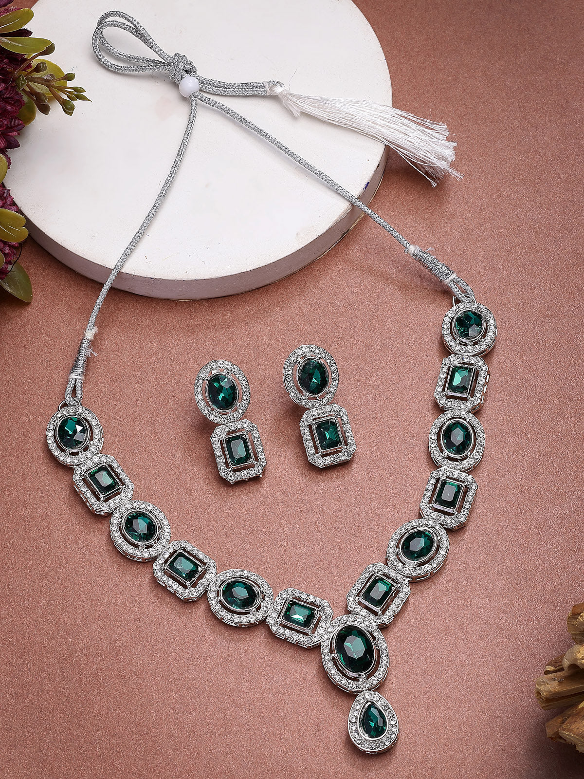 Sukkhi Dazzling Fashionable AD Stone Diamonds Embellished Geometry Shaped Green Choker Necklace with Drop Earrings Jewellery For Women & Girls|NS107367