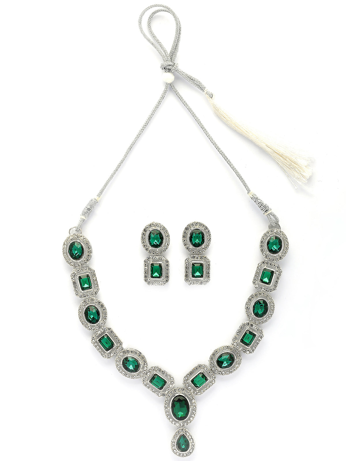 Sukkhi Dazzling Fashionable AD Stone Diamonds Embellished Geometry Shaped Green Choker Necklace with Drop Earrings Jewellery For Women & Girls|NS107367