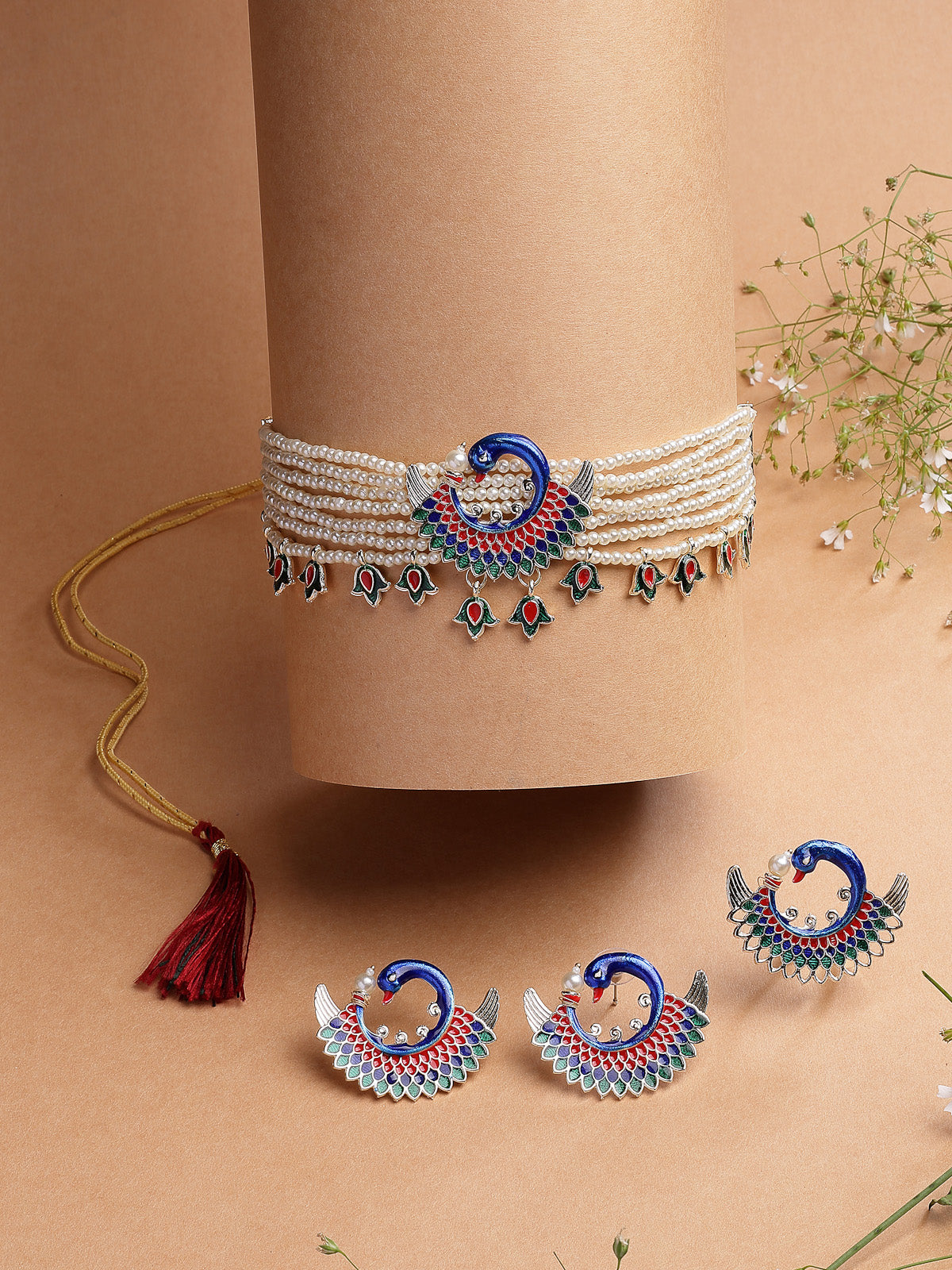 Sukkhi Attractive Stylish Multicolor Meenakari work with Gold Plated Peacock Inspired Multistrand Faux Pearls Choker Necklace with Earring & Ring Jewellery Set For Women & Girls|NS107368