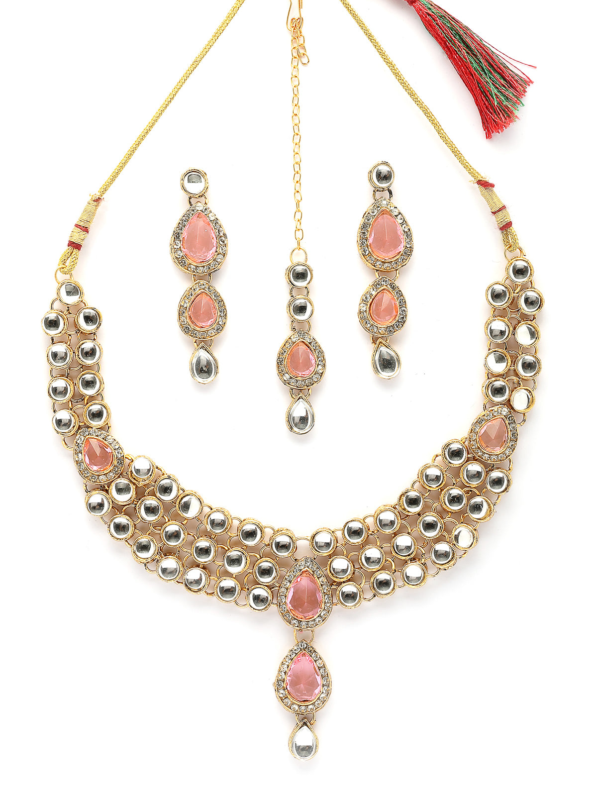 Sukkhi Elegant Stylish Gold Plated Kundan Studded Pink Choker Necklace with Drop Earring Maangtikka Jewellery Set for Women & Girls|NS107371