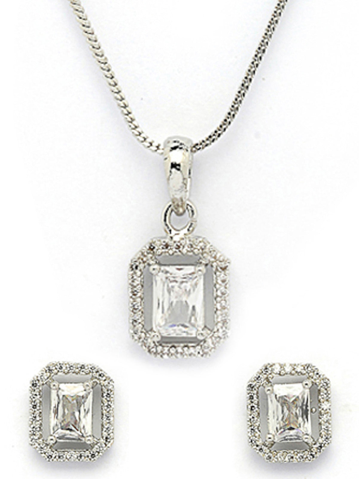 Sukkhi Most Beautiful Stylish Rhodium Plated Silver Toned White Cubic Zirconia Studded Pendant with Chain & Studs Earrings Jewellery Set for Women & Girls |NS107372