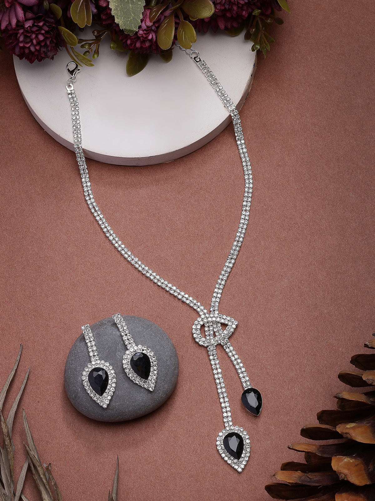 Sukkhi Sparkling Fashionable Rhodium Plated Silver AD Stone Diamond Studded Choker Necklace with Drop Earring Jewellery Set for Women & Girls| Perfect for All Festive Occasions|NS107373