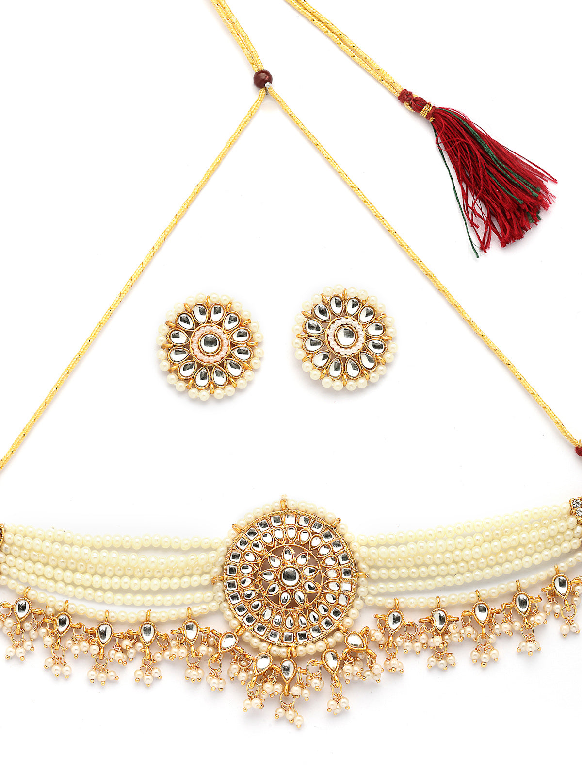 Sukkhi Classic Traditional Gold Tone Plated Kundan Studded Multistrand White Pearls Choker Necklace with Studs Earrings Jewellery Set For Women & Girls |NS107376